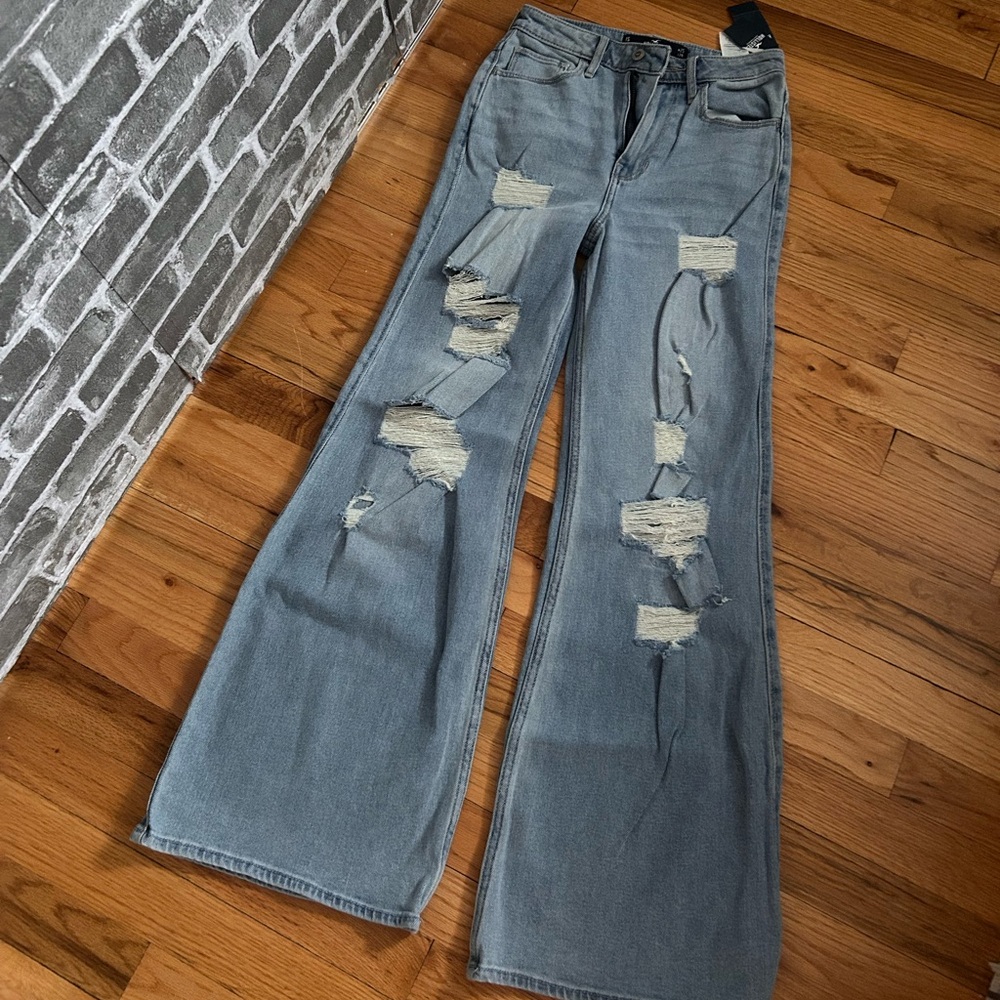 Hollister Light Gray Distressed Flare Jeans